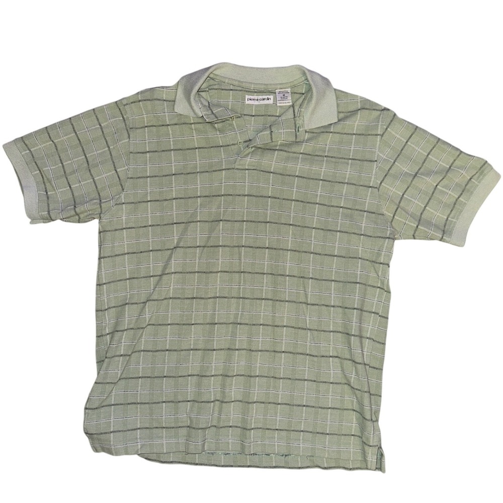 Pierre Cardin Mens Green Grid Short Sleeve Polo Shirt Size M Cotton Blend